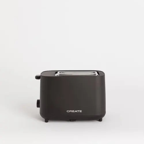 CREATE black compact 2 slice toaster front product view on white background
