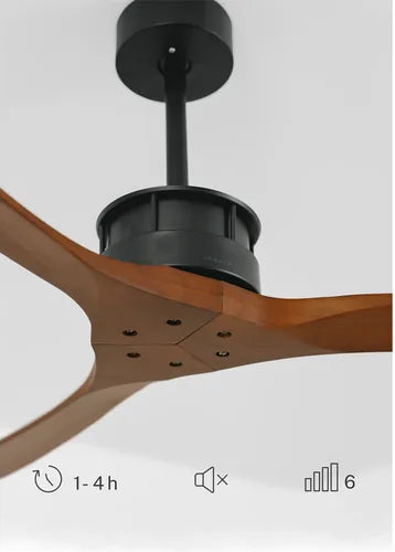 Ceiling fan with wooden blades and black motor housing on a light gray background