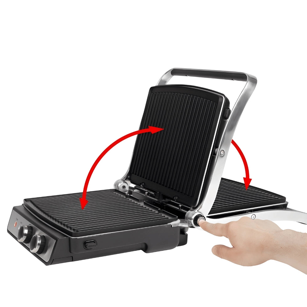 Black grill with open lid on a white background