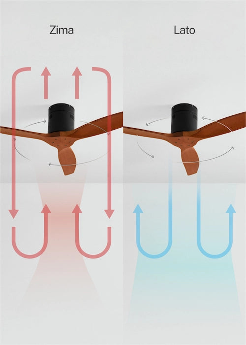 CREATE Wind Calm Black / Dark Wood ceiling fan showing summer and winter airflow function