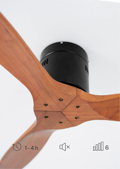 Close-up of CREATE black motor and dark wood blade ceiling fan with 6 speed levels