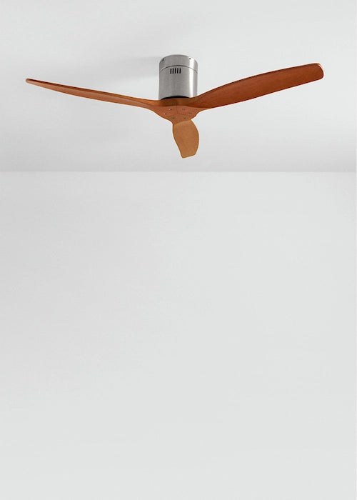 CREATE Nickel / Dark Wood ceiling fan with three wooden blades mounted on a white ceiling