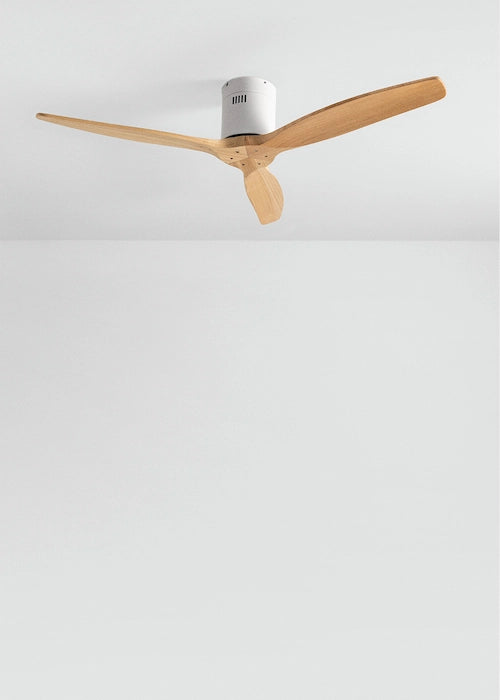 CREATE WINDCALM White / Light Wood ceiling fan mounted on a white ceiling with natural wood blades