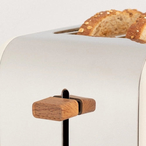 CREATE TOAST RETRO off-white toaster close-up showing wooden lever and browning control knobs