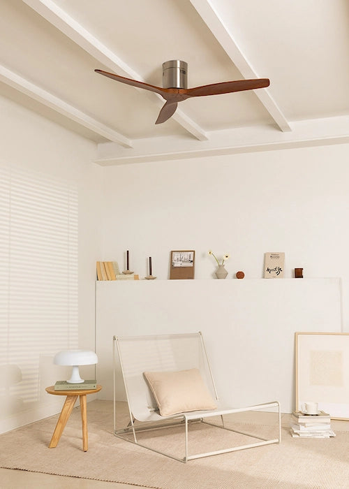 CREATE Wind Calm ceiling fan in Nickel / Dark Wood installed in a bright modern living room