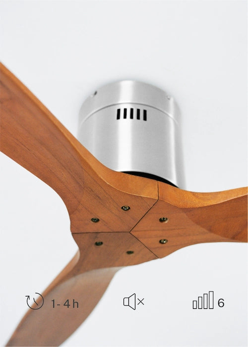 Close-up of CREATE Nickel / Dark Wood ceiling fan motor with wooden blades and remote control functions