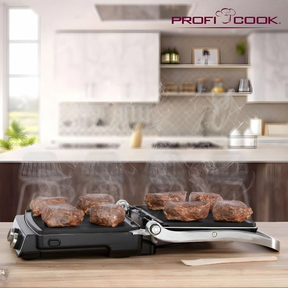 Proficook electric grill with multiple steaks cooking on both sides, set on a wooden countertop in a modern kitchen background with steam rising.