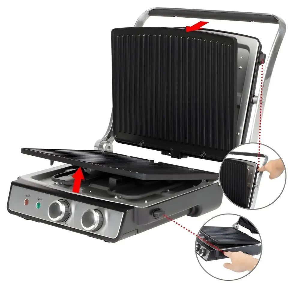 Multifunctional grill with two cooking plates on a white background
