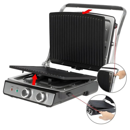 Multifunctional grill with two cooking plates on a white background