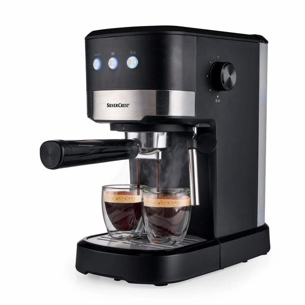 Black SilverCrest espresso machine with two glasses of coffee on a white background