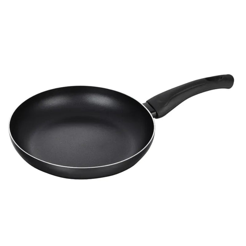 Black non-stick frying pan with ergonomic handle for kitchen cooking