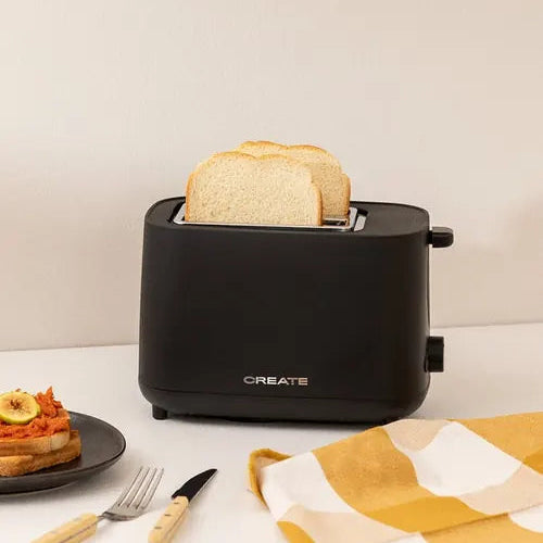 CREATE black 2 slice toaster with bread in modern kitchen lifestyle setting