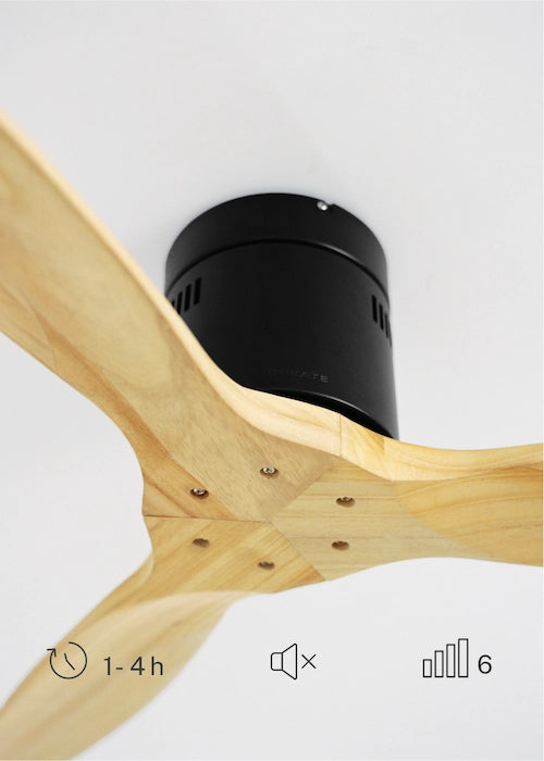 Ceiling fan with wooden blades and black motor housing on a white background