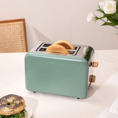 CREATE TOAST RETRO sage toaster with wide bread slots and retro kitchen setup