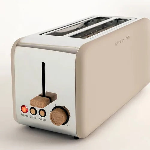 Beige toaster with wooden accents on a white background