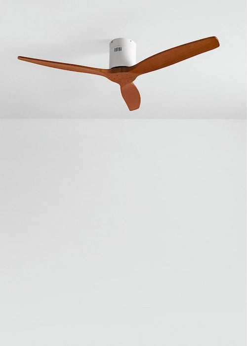Ceiling fan with wooden brown blades on a white ceiling