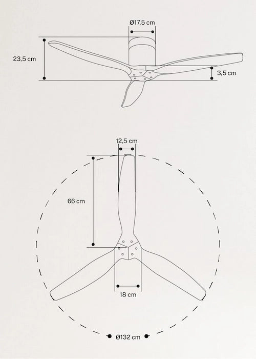 Technical drawing of a create windcalm ceiling fan with dimensions labeled