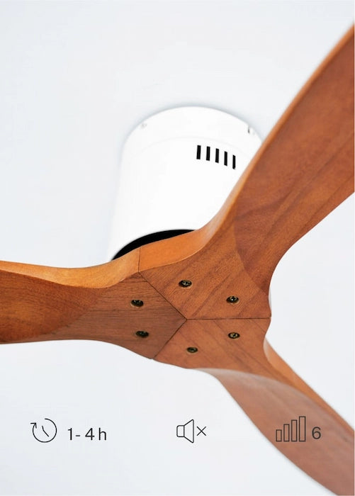 Create ceiling fan with dark brown wooden blades on a white background