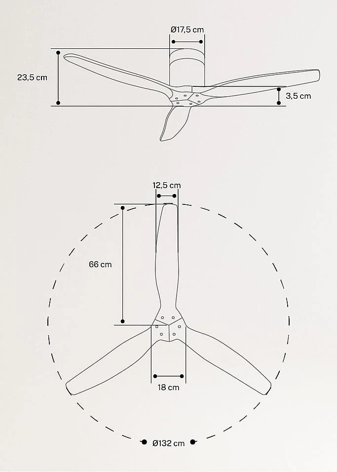 Technical drawing of create ceiling fan with dimensions labeled