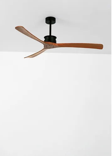 Ceiling fan with wooden blades on a white background