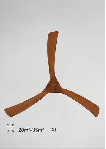 Ceiling fan blade on a gray background with size and area coverage information.