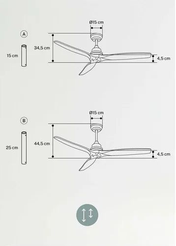Technical drawing of a ceiling fan with dimensions on a light gray background