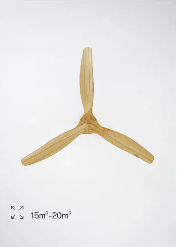 Wooden ceiling fan with size indication on a light gray background