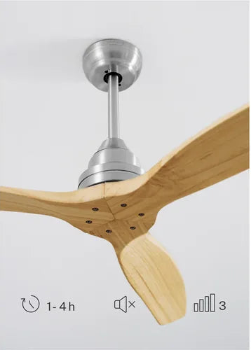 Ceiling fan with wooden blades on a gray background