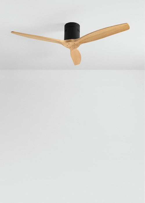 Ceiling fan with wooden blades and black center on a white background