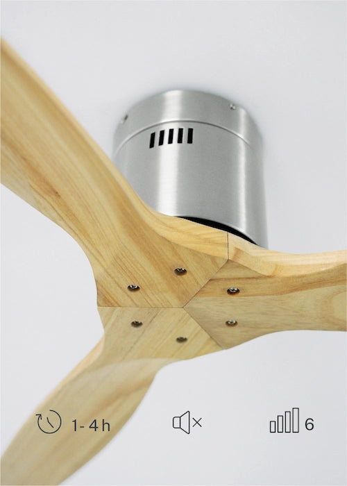 Ceiling fan with wooden blades and metallic hub on a light gray background