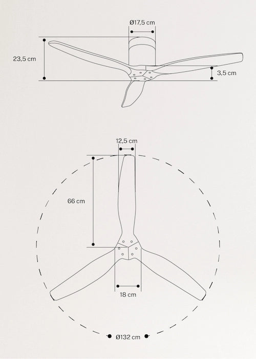 Technical drawing of create ceiling fan with dimensions .