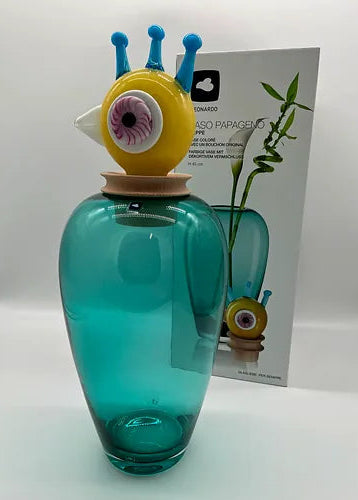 Leonardo Papageno Peppe handmade glass vase turquoise and yellow bird stopper