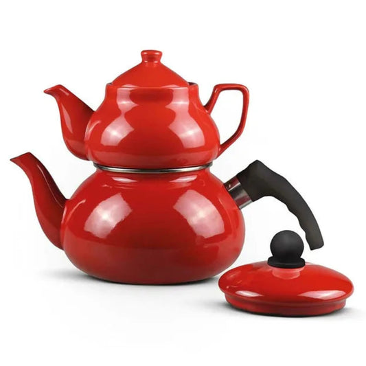 Red stacked teapot and kettle set with porcelain tea pot and metal water kettle