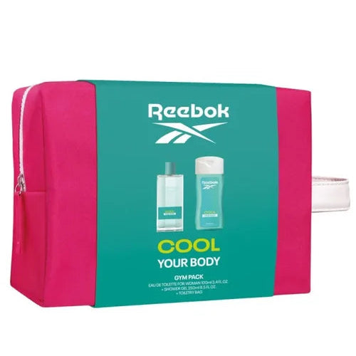  Reebok Cool Your Body Eau de Toilette gift set front view with pink toiletry bag