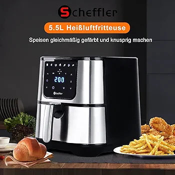Scheffler 5.5L hot air fryer in kitchen setting with fries and chicken