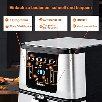 Scheffler digital air fryer touch control panel with 7 programs, timer and temperature settings
