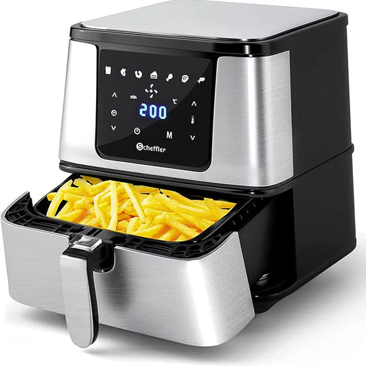 Scheffler 5.5L digital air fryer in stainless steel and black with open basket and fries
