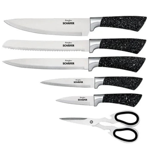 SCHÄFER 7-piece Marble Black knife set with kitchen scissors on a white background