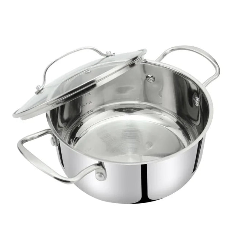 Stainless steel cooking pot with glass lid and side handles for kitchen cooking