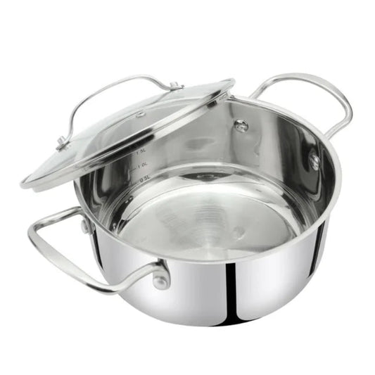 Stainless steel cooking pot with glass lid and side handles for kitchen cooking